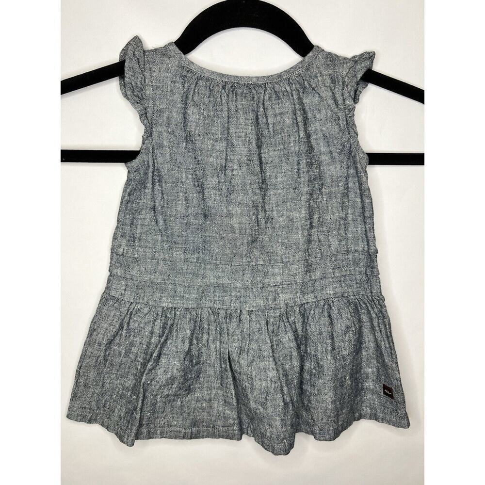 Tea Collection Baby Dress, Chambray Blue Linen Cotton, Floral Embroidered Ruffle - Picture 8 of 11